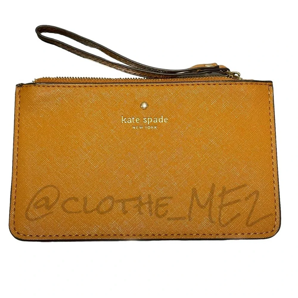 KATE SPADE - Leather Wristlet Pouchette, brown/light fawn color